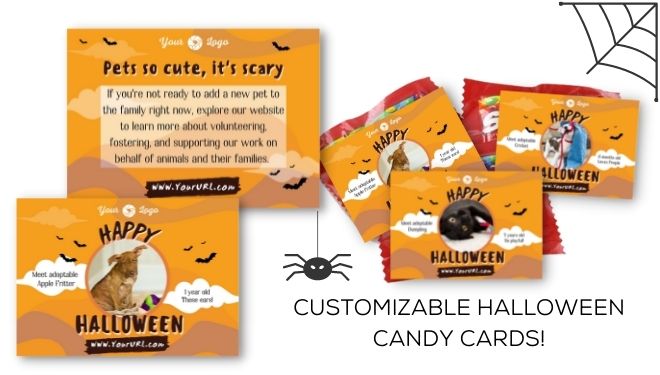 Halloween candy card template featuring adoptable pets