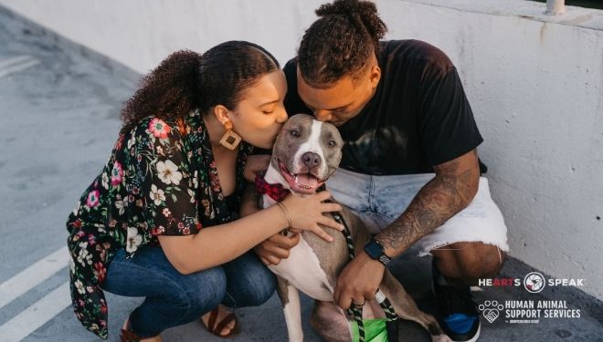 Bipoc Family With Pit Bull Dog